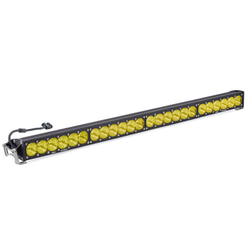 A straight LED light bar with amber-colored lenses, designed for vehicle lighting.