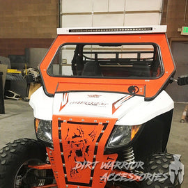 ARCTIC CAT WILDCAT SPORTTRAIL 700 FRONT WINDSHIELD 2014-18 'Dirt Warrior Accessories' branding in a garage.