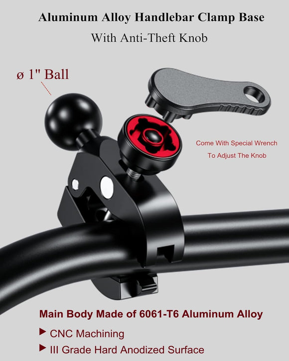 BRCOVAN Aluminum Alloy 1'' Ball Handlebar Clamp Mount Base with Anti-Theft Knob