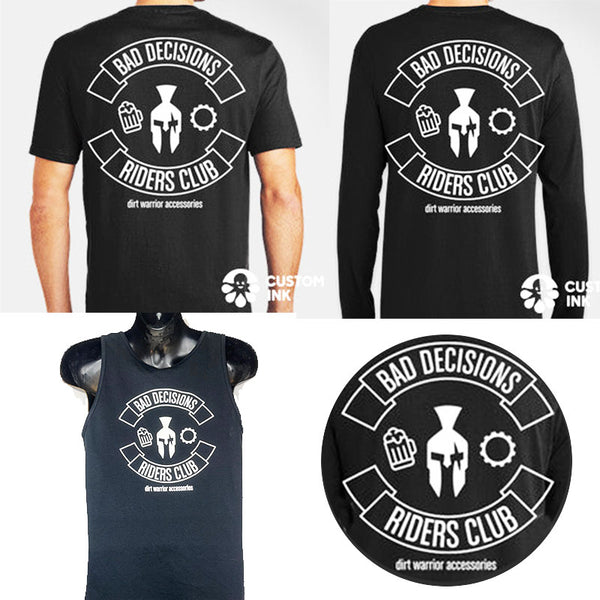  'Bad Decisions Riders Club' design on a white background.