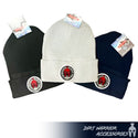 Three beanies in black, gray, and navy with  'Dirt Warrior Accessories' logo