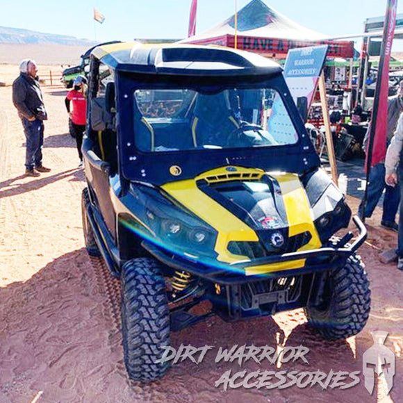 CANAM COMMANDER FRONT WINDSHIELD 2010-2020 'Dirt Warrior Accessories' branding at an outdoor event.