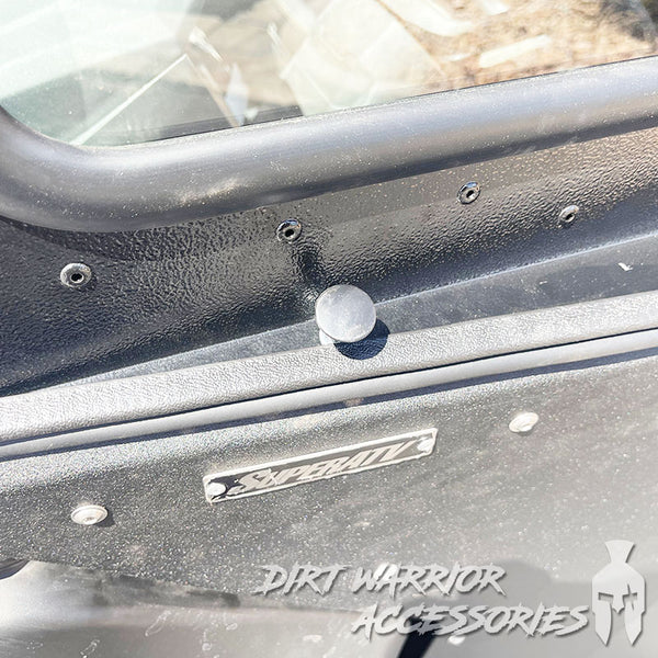 Close-up of CANAM DEFENDER 4-SEAT Cab Enclosure "THE VAULT" 2016+ Upper Side Doors & Panels to go with Super ATV Doors (Patent Pending) Dirt Warrior Accessories