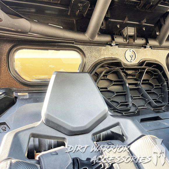 Close-up of CANAM MAV R REAR WINDSHIELD 2024+ interior with 'Dirt Warrior Accessories'