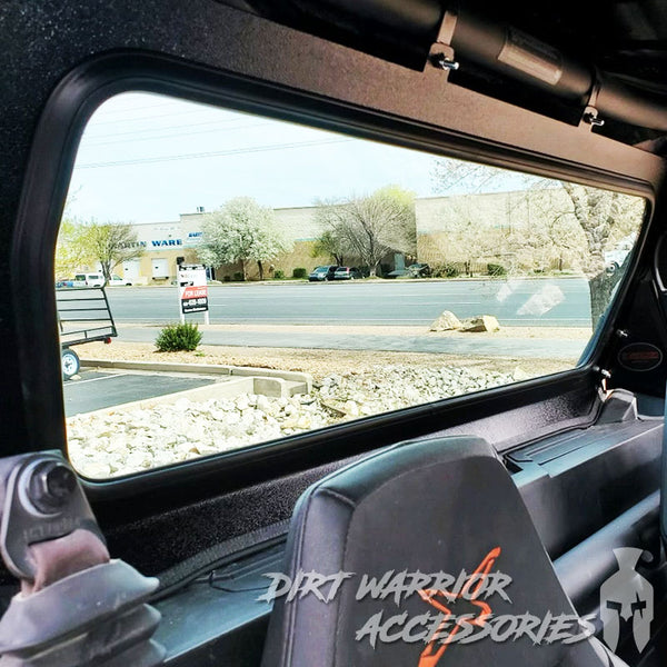 CANAM MAVERICK SPORTTRAIL REAR WINDSHIELD 2018+ 2-SEAT interior  'Dirt Warrior Accessories' branding.