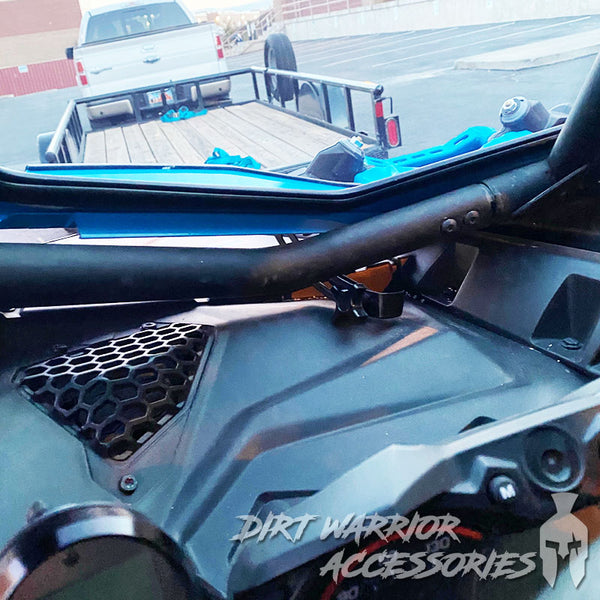 CANAM X3 RC FRONT WINDSHIELD 2018+ Close-up of a vehicle's inside view windshield  'Dirt Warrior Accessories' 