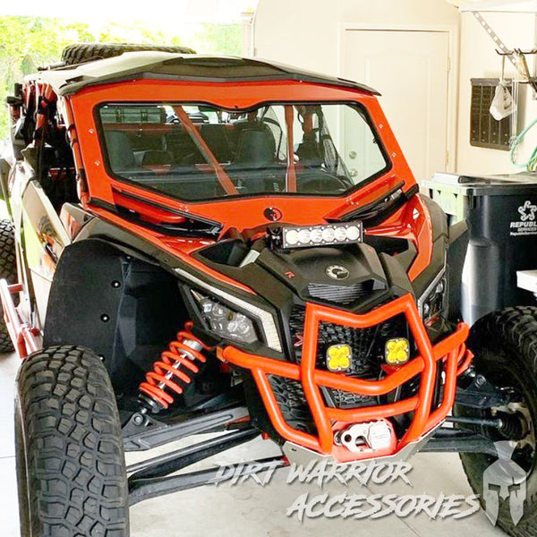 CANAM X3 RC FRONT WINDSHIELD 2018+ 'Dirt Warrior Accessories' branding.