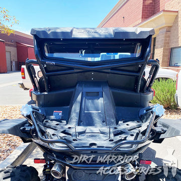 CF MOTO Z FORCE 950 H.O. REAR WINDSHIELD 2021+ 'Dirt Warrior Accessories' branding in an outdoor setting.