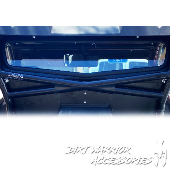 Close-up of CF MOTO Z FORCE 950 H.O. REAR WINDSHIELD 2021+ 'Dirt Warrior Accessories' branding.