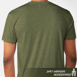 BACK VIEW

Next Level Tri-Blend Short Sleeve T-shirt w/ Dirt Warrior Accessories logo on front.

St. George, UT on the right sleeve.

COLOR:  Military Green