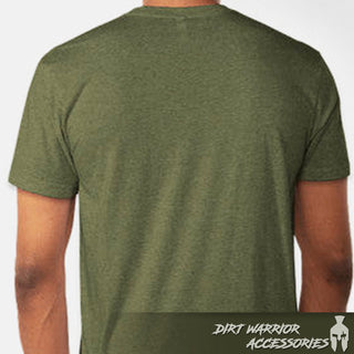 BACK VIEW

Next Level Tri-Blend Short Sleeve T-shirt w/ Dirt Warrior Accessories logo on front.

St. George, UT on the right sleeve.

COLOR:  Military Green