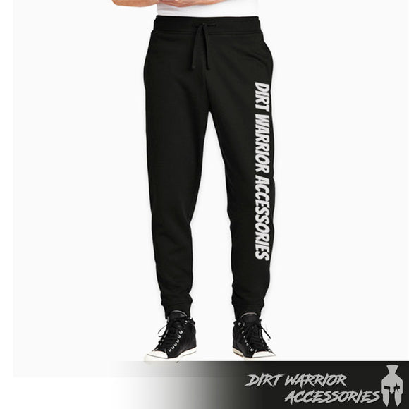 Black jogger pants with 'Dirt Warrior Accessories'