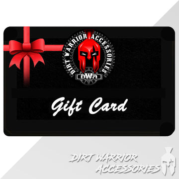 Gift card with red bow and 'Dirt Warrior Accessories' 