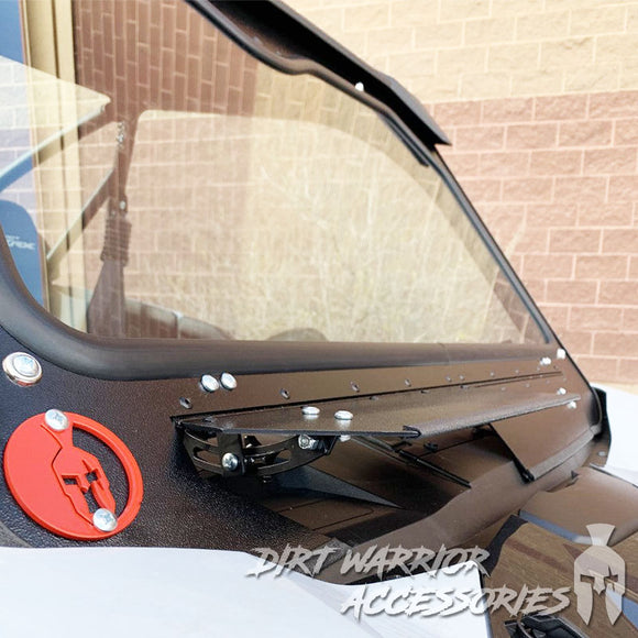 Close-up of a KAWASAKI TERYX KRX1000 FRONT WINDSHIELD 2020+ 'Dirt Warrior Accessories' branding.