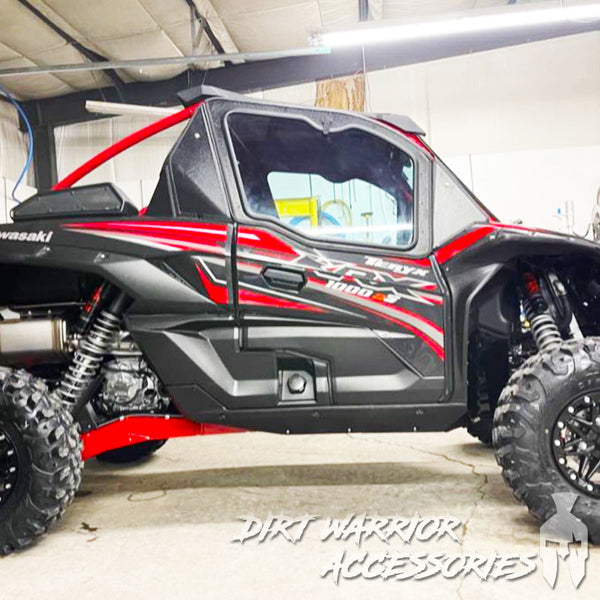 KAWASAKI Teryx KRX 1000 2-SEAT Cab Enclosure Upper Side Doors & Panels 'Dirt Warrior Accessories' branding.