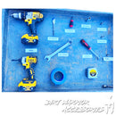 KAWASAKI Teryx KRX 1000 2-SEAT Cab Enclosure Upper Side Doors & Panels Set of tools including drills, wrenches, and screwdrivers on a blue mat with labels.