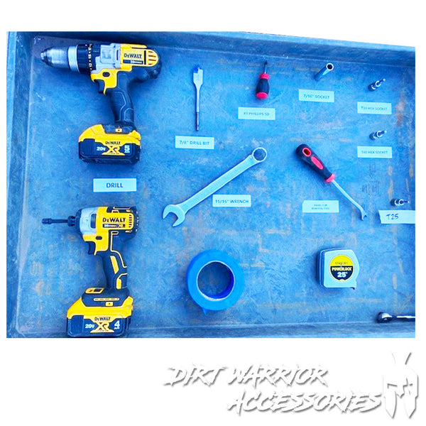 KAWASAKI Teryx KRX 1000 2-SEAT Cab Enclosure Upper Side Doors & Panels Set of tools including drills, wrenches, and screwdrivers on a blue mat with labels.