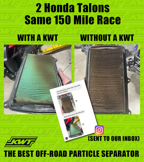 Comparison of Honda Talon air filters with and without a KWT separator on a green background.