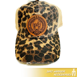 LEOPARD PRINT BASEBALL CAP WITH MESH BACK AND LEATHER DIRT WARRIOR PATCH