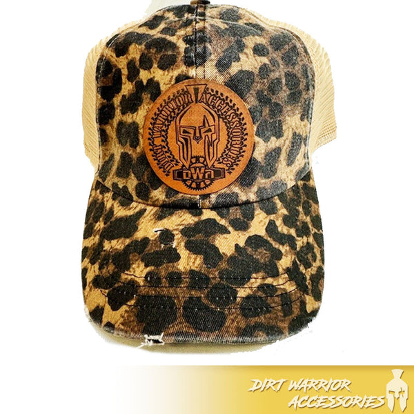 LEOPARD PRINT BASEBALL CAP WITH MESH BACK AND LEATHER DIRT WARRIOR PATCH