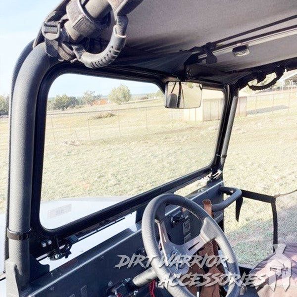Close-up of MAHINDRA ROXOR FRONT WINDSHIELD 2018+ interior 'Dirt Warrior Accessories' 