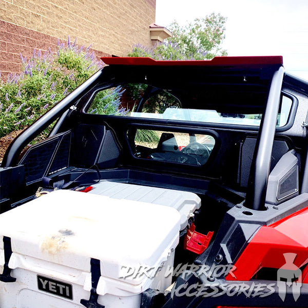 POLARIS RZR PRO XP  TURBO R REAR WINDSHIELD TO FIT WITH W ROCKFORD FOSGATE SYSTEM 2020-24 'Dirt Warrior Accessories' branding.