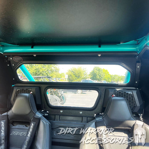 POLARIS RZR PRO R REAR WINDSHIELD W ROCKFORD FOSGATE SYSTEM 2025+ 'Dirt Warrior Accessories' branding.