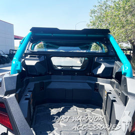 POLARIS RZR PRO R REAR WINDSHIELD W ROCKFORD FOSGATE SYSTEM 2025+ 'Dirt Warrior Accessories' branding.