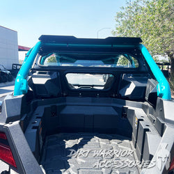 POLARIS RZR PRO R REAR WINDSHIELD W ROCKFORD FOSGATE SYSTEM 2025+ 'Dirt Warrior Accessories' branding.