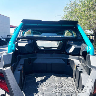 POLARIS RZR PRO R REAR WINDSHIELD W ROCKFORD FOSGATE SYSTEM 2025+ 'Dirt Warrior Accessories' branding.