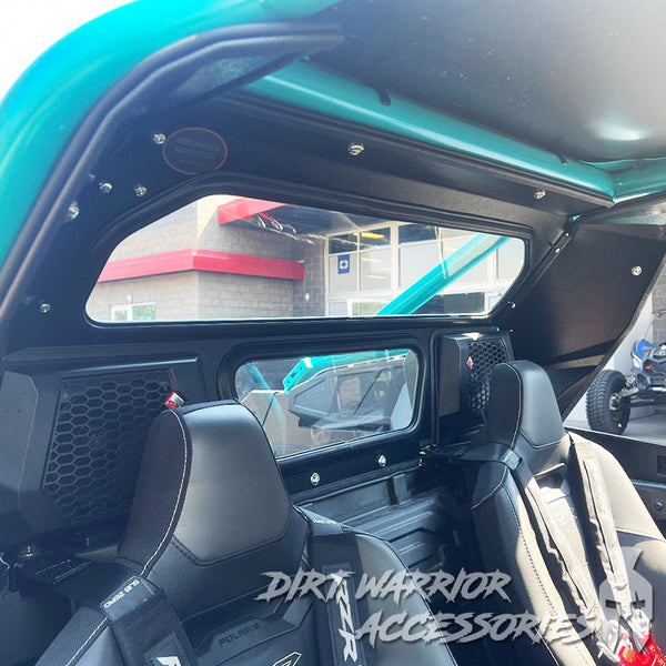 POLARIS RZR PRO R REAR WINDSHIELD W ROCKFORD FOSGATE SYSTEM 2025+ 'Dirt Warrior Accessories' branding.