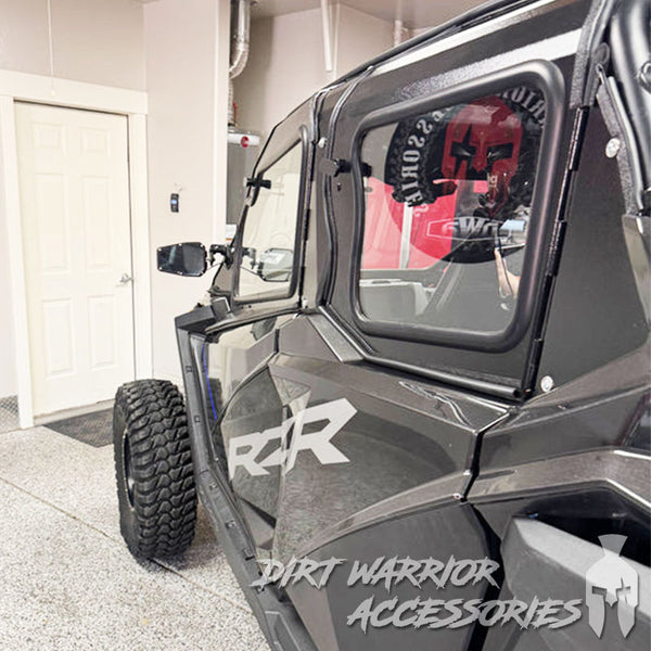 POLARIS RZR PRO XP / TURBO R 4-SEAT Cab Enclosure 2020-24 "THE VAULT" Upper Side Doors & Panels (Patent Pending) 'Dirt Warrior Accessories' branding.