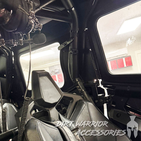 Close-up of a POLARIS RZR PRO XP / TURBO R 4-SEAT Cab Enclosure 2020-24 "THE VAULT" Upper Side Doors & Panels (Patent Pending) interior with 'Dirt Warrior Accessories' 