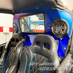 POLARIS RZR TURBO S REAR WINDSHIELD W SPEAKERS CUT-OUT 2018+ 'Dirt Warrior Accessories' branding.
