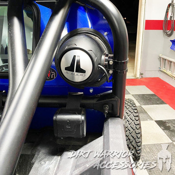 POLARIS RZR TURBO S REAR WINDSHIELD W SPEAKERS CUT-OUT 2018+ Audio speaker and 'Dirt Warrior Accessories' branding.