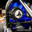 POLARIS RZR TURBO S REAR WINDSHIELD W SPEAKERS CUT-OUT 2018+ JL Audio speaker  'Dirt Warrior Accessories' branding.