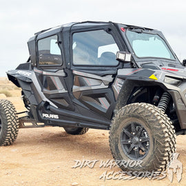 POLARIS RZR Turbo S 4-SEAT Cab Enclosure "THE VAULT" Upper Side Doors & Panels (Patent Pending) 'Dirt Warrior Accessories' branding.