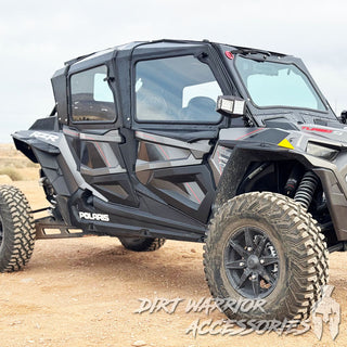 POLARIS RZR Turbo S 4-SEAT Cab Enclosure "THE VAULT" Upper Side Doors & Panels (Patent Pending) 'Dirt Warrior Accessories' branding.