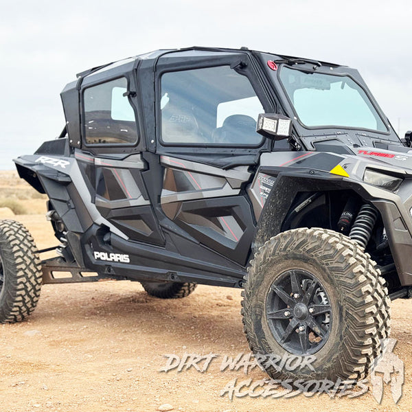 POLARIS RZR Turbo S 4-SEAT Cab Enclosure "THE VAULT" Upper Side Doors & Panels (Patent Pending) 'Dirt Warrior Accessories' branding.
