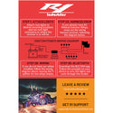 R1 Industries wiring diagram and instructions on a red and orange background with a vehicle image. R1 INDUSTRIES XL LED ROCK LIGHTS (10-POD)