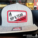 Gray and black cap with a red and white patch featuring 'Rip & Tear Dirt Warrior' 