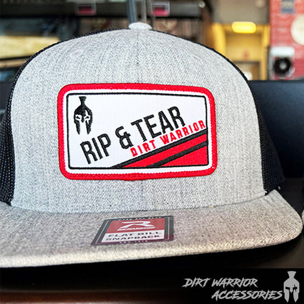 Gray and black cap with a red and white patch featuring 'Rip & Tear Dirt Warrior' 