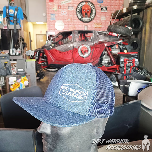 Snapback Trucker Hats Blue cap with 'Dirt Warrior Accessories' logo 