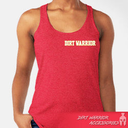 Red racerback tank top with 'Dirt Warrior' logo on front