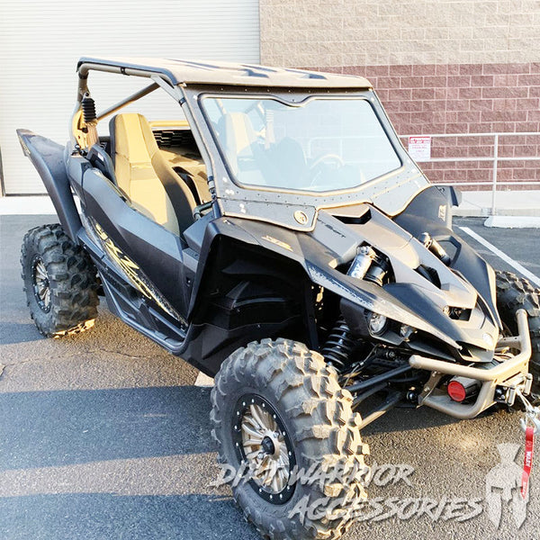 YAMAHA YXZ FRONT GLASS WINDSHIELD 2019+ 'Dirt Warrior Accessories' branding.