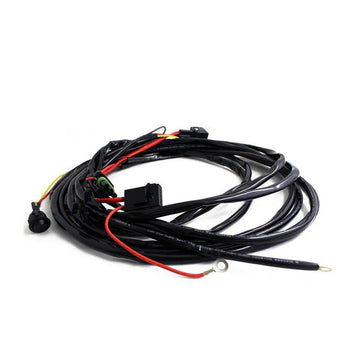 A black on/off wiring harness with a single 3-pin weather pack connector and various lengths of red and black wires.