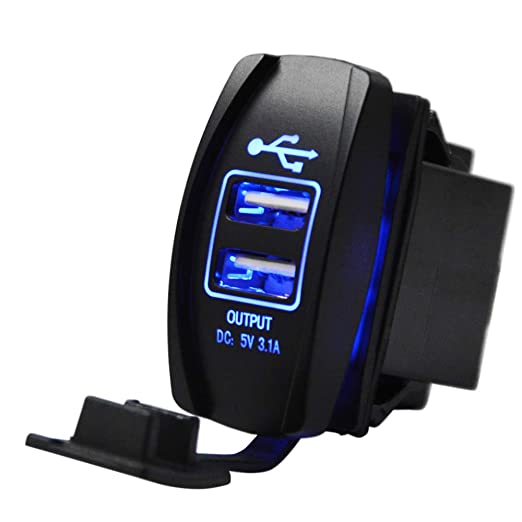 Dual USB Power Charger Rocker Switch Blue Backlit 12V-24V Compatible with UTV