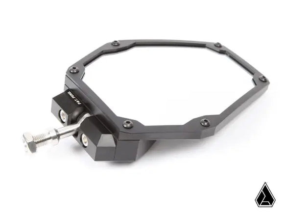 ASSAULT INDUSTRIES B2C Convex side mirror with black anodized angular detailing and chamfered edges on a silver finished bezel.