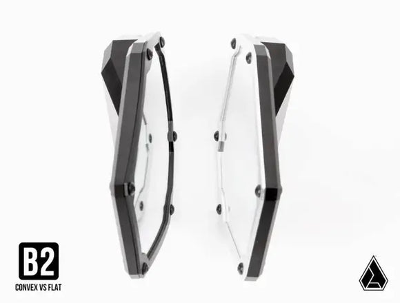 ASSAULT INDUSTRIES B2C Convex side mirror with black anodized angular detailing and chamfered edges on a silver finished bezel.