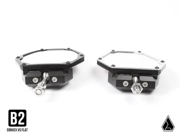 ASSAULT INDUSTRIES B2C Convex side mirror with black anodized angular detailing and chamfered edges on a silver finished bezel.